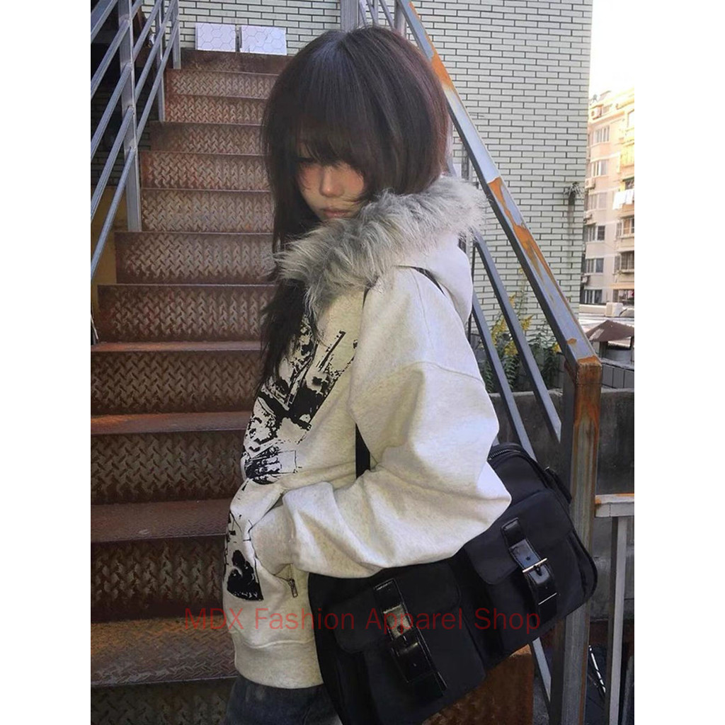 American Retro Y2k Millennium Fur Collar Zipper Jaqueta Com Capuz