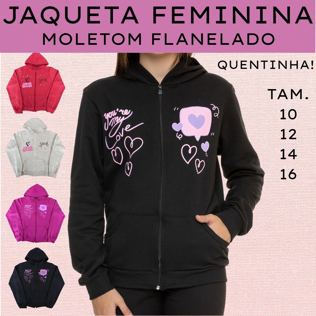 Casaco Feminino Juvenil Moletom Capuz Bolso Ziper e Estampa 3181-A ...