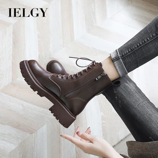 Botas Martin De Couro IELGY Com Salto Bloco , Novas Femininas Sola De Plataforma Aumentada E Estilo Britânico Cadarço