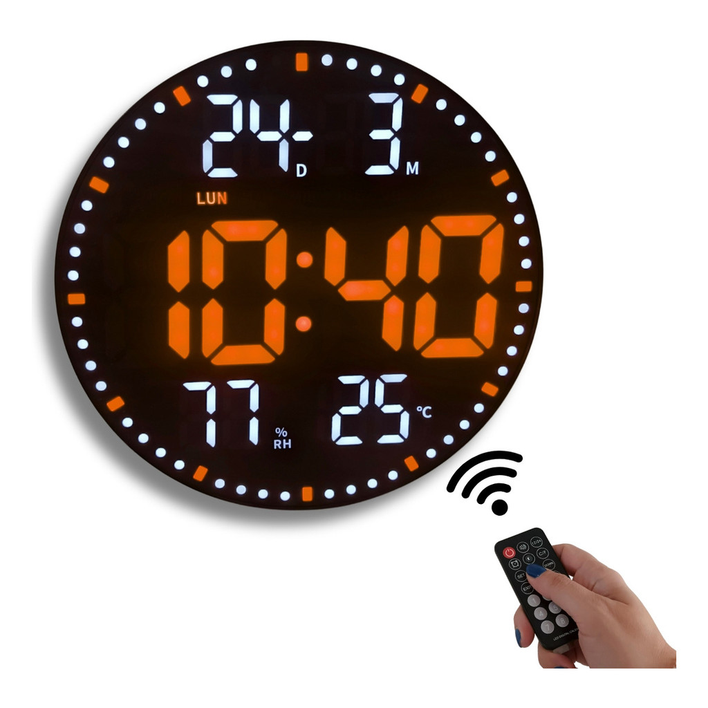 Relogio De Parede Digital Led Redondo 29CM Moderno Com Controle Remoto ...