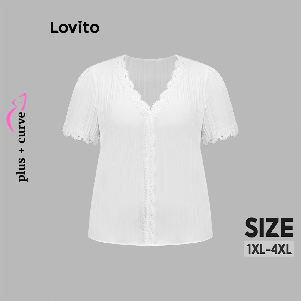 Lovito Blusa Plus Size Curve Elegante Simples Pescoço Babado para Mulheres LBL18857