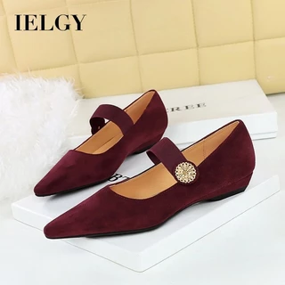IELGY Versão Coreana De Cunha De Salto Baixo Versátil Camurça Rasa Metal Embelezado Alça Elástica Sapatos Únicos Feminin