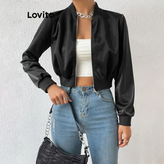 Lovito Casaco casual com zíper liso para mulheres LNL64123 em Promoção na Shopee Lovito Casaco casual com zíper liso para mulheres LNL64123