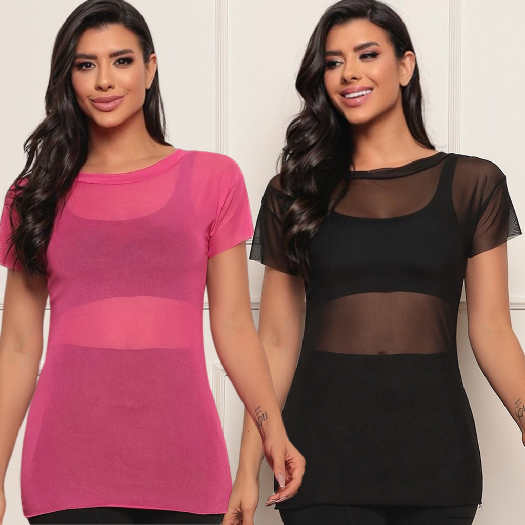 Kit Blusa Feminina Transparente de Tule Manga Curta Camiseta