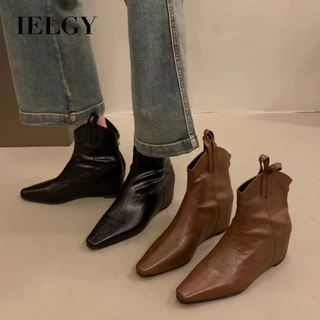IELGY 2025 Marrom Martin Botas Femininas Novo Dedo Apontado Zíper Elevado Bota Fina V-Mouth Curtas Chelsea