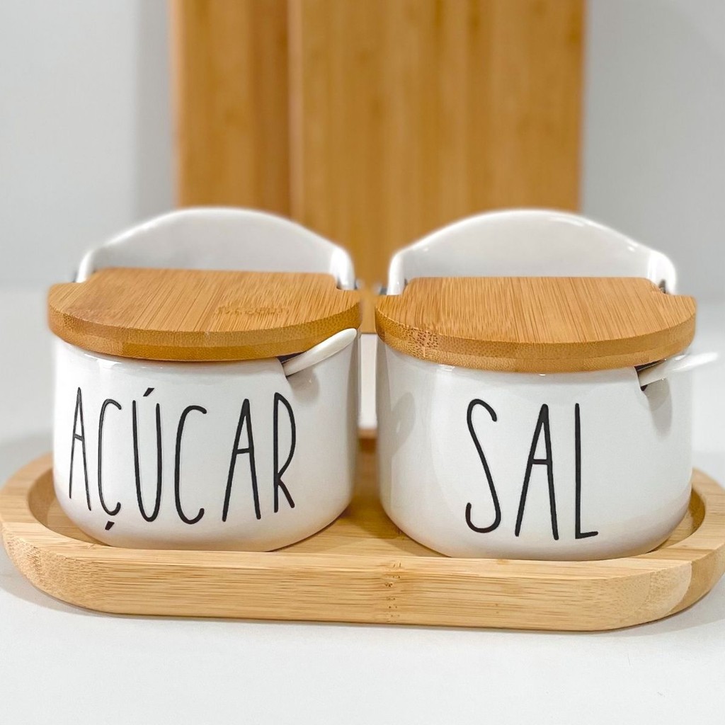 Kit Saleiro e Açucareiro Porcelana c/ colher e tampa de bambu 10,5cm ...
