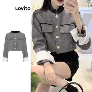 Lovito Jaqueta Casual Listrada Com Gola Contrastante E Costura Em Tecido Para Mulheres L101AD030 em Promoção na Shopee Lovito Jaqueta Casual Listrada Com Gola Contrastante E Costura Em Tecido Para Mulheres L101AD030