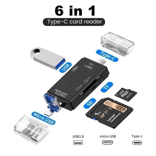 Leitor OTG Multiportas 6 em 1 – USB, Tipo-C, TF, Micro USB, Adaptador Alta Velocidade para Celular e PC