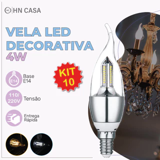 Kit 10 Lâmpadas LED Vela 4W Bico Torto E14, Lustre Pendente Moderno, Branco Frio ou Quente, Bivolt 110V-220V