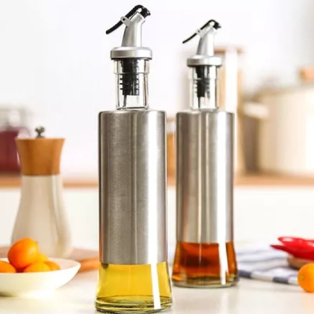 Kit 4 Galheteiro Garrafa de Vidro 200ml/300ml com Bico Dosador Azeite Vinagre Oleo Shoyu Aço Inox