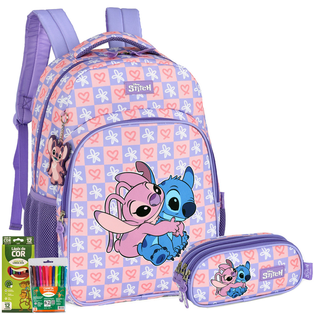 Kit Mochila Costas Stitch e Angel Escolar Juvenil Disney | Shopee Brasil