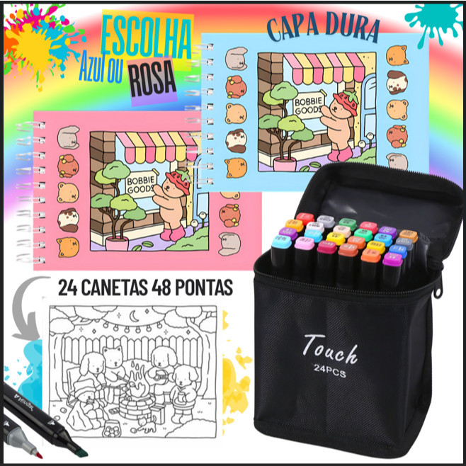 Kit Livro De Colorir Capa Brilhante 50 Páginas + Canetinhas Marca Texto 24/36/48 Cores