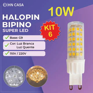 Kit 6 Lâmpadas LED 10W G9 Halopin 110V/220V, Branco Quente 2200K (Amarelo) ou Frio 7000K (Branco), Bipino