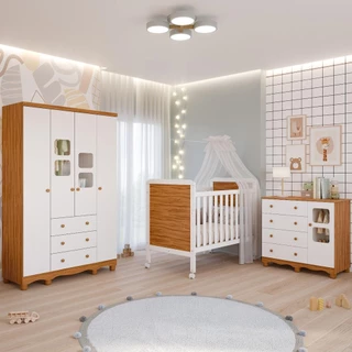 Quarto de Bebê Completo Guarda Roupa Uli 4 Portas Berço Mini Cama Cloe 2 Em 1 Cômoda Uli 100%MDF