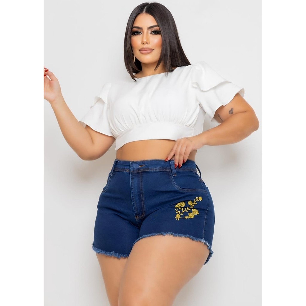 Short jeans Femnino Plus Size Bordado C/ Lycra Desfiado. | Shopee