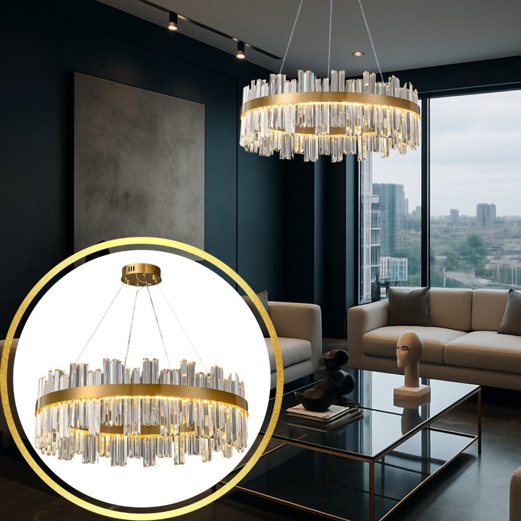 Lustre Pendente Teto 130cm x 57cm LED 3 Cores 128 Cristais Redondo ...