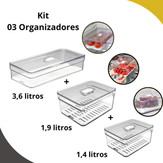 Kit 3 Organizadores de Geladeira 3,6+1,9+1,4 Litros Com Tela -Plastutti