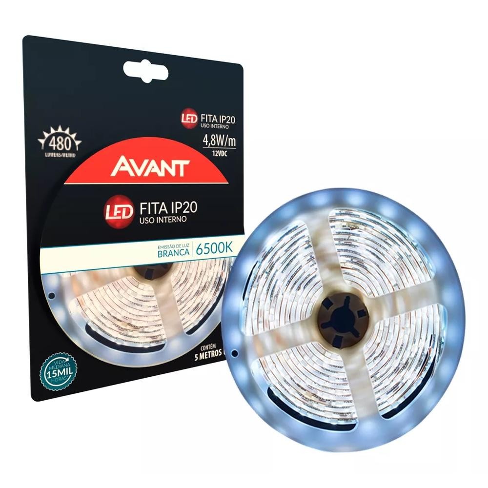Fita led IP20 4,8W/M 5 Metros branca 6500K transformador 12V interna ...