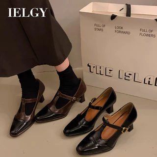 IELGY Francês Vintage Feminino Salto Alto 2025 Novo Dedo Quadrado Bloco Fivela Reta Mary Jane Sapatos Color-Bloqueados
