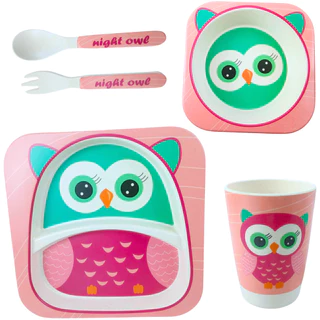 Kit Refeição Infantil Animal Corujinha Fibra de Bambu Bebe Coruja Castela