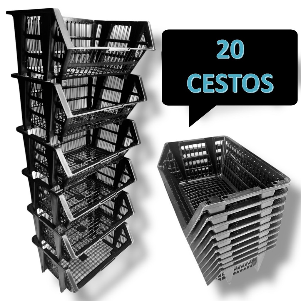 20 UNIDADES CESTO EMPILHAVEL Expositor Organizador Preto CAI