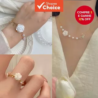 3pcs Rose Retro Pérola Barroca Retro Moda Pérola Coreana Colar Anel Pulseira Doce Fato Feminino Jóias em Oferta na Shopee