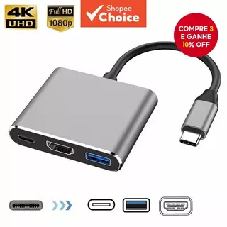 Hub USB-C Macho Para Fêmea 3 Em 1 HDMI 4K 3.1 Tipo Adaptador De Carregamento 3.0 Conversor MacBook Air 12 em Oferta na Shopee