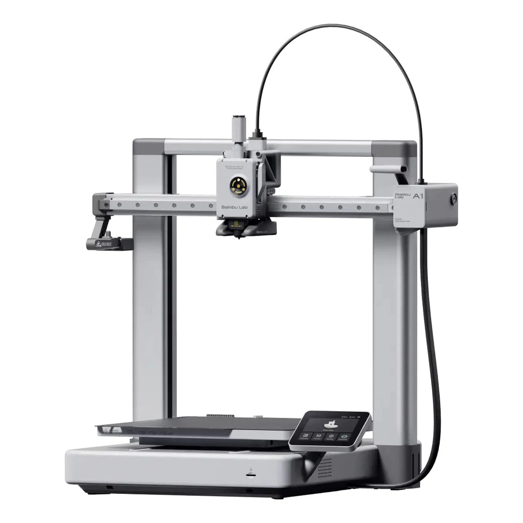 Vista frontal da impressora 3D Bambu Lab A1 com tela touch e cabeçote de impressão