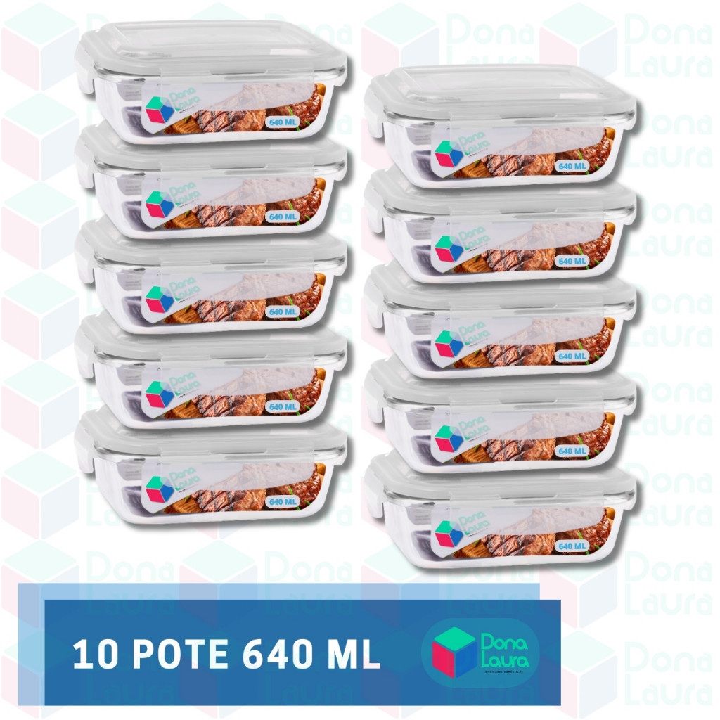 Conjunto 10 Potes 640ml Vidro Hermético 4 Travas Marmita