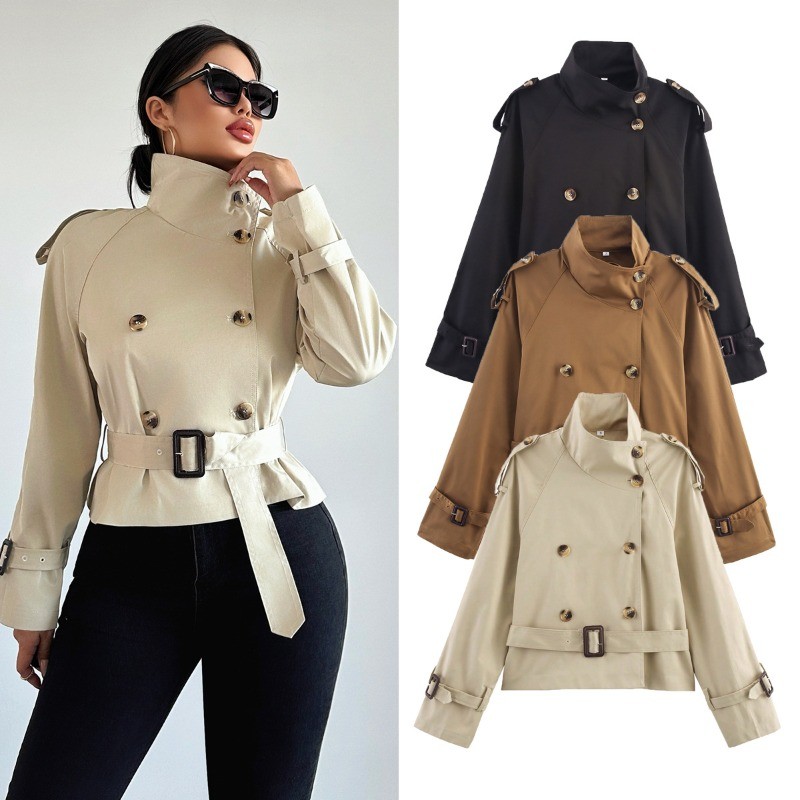 Trench Coat Curto De Lapela Estilo Europeu E Americano Com Detalhe