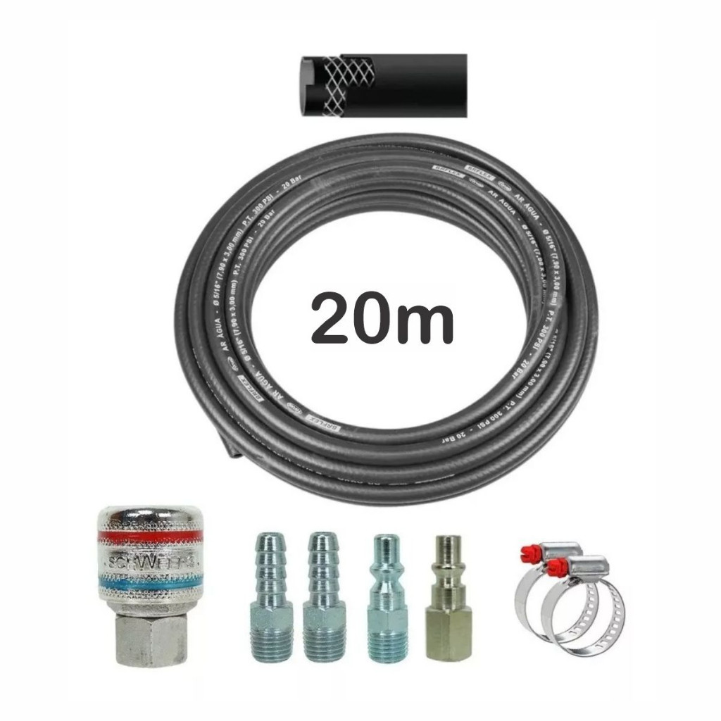 Kit Mangueira 20m Borracha Compressor Pistola 5/16 + Engate