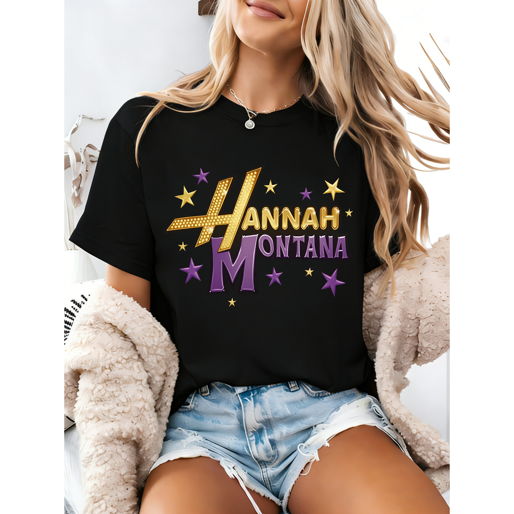Camisa Com Design de Hannah Montana, Letras Douradas e Estrelas ...