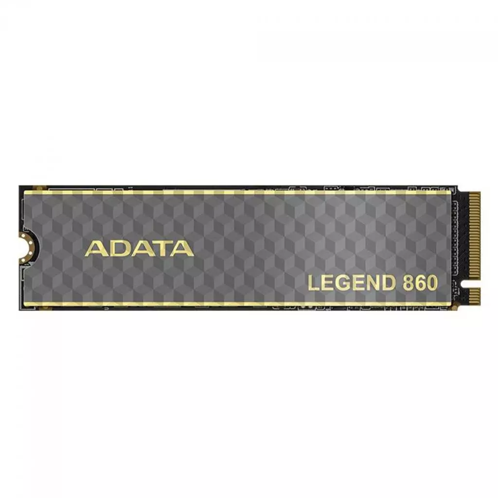 SSD Adata Legend 860 prateado com conectores M.2,Vista lateral do SSD Adata Legend 860,Detalhe do painel de informações do SSD Adata Legend 860