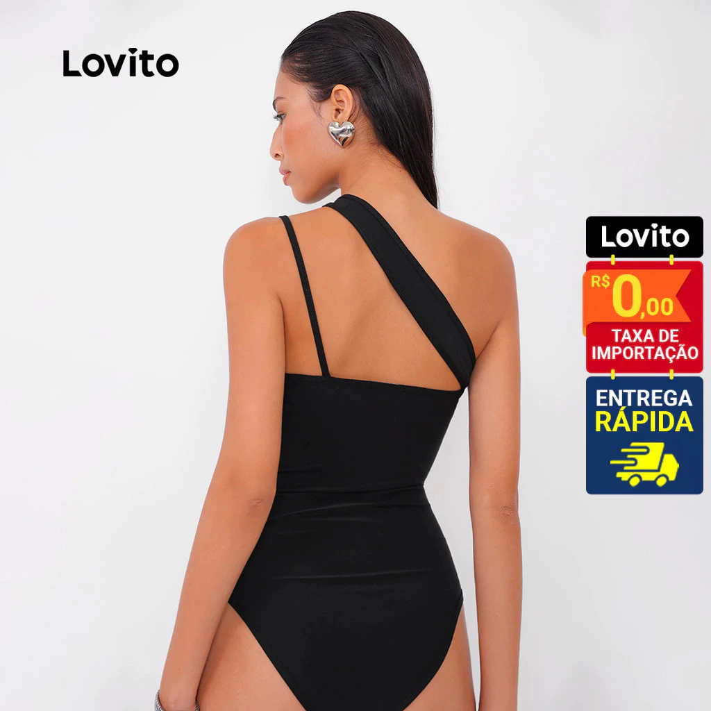 Vista traseira do body preto com detalhe de alça assimétrica