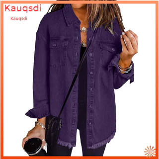 Jaqueta Jeans Feminina Estilo Curto Feminino Oversized Angustiado Manga Longa Botão Jean Shacket Outono Moda Bainha Desgastada
