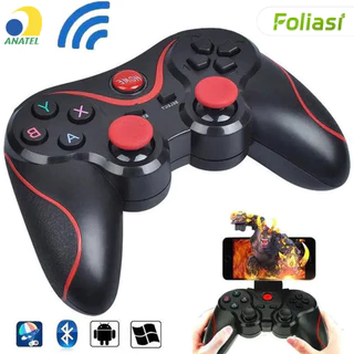 Controle Bluetooth com suporte prático para celular e tablet, acompanha cabo USB, compatível com sistemas Android e iPad