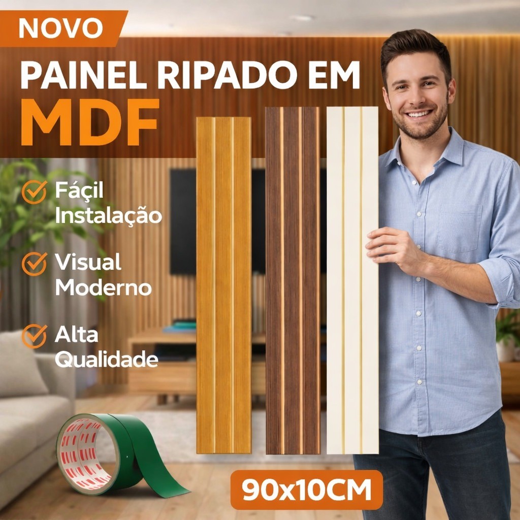Kit Painel Ripado MDF 90x10 Autocolante Revestimento Parede Decorativo ...