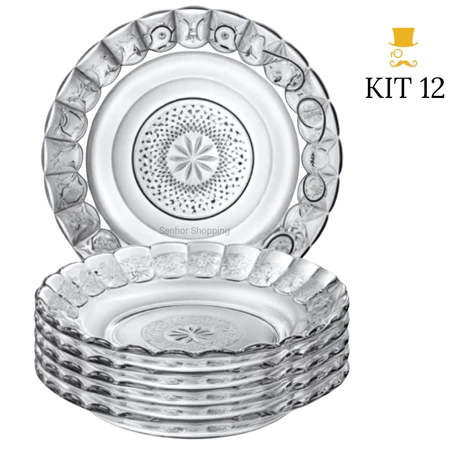 Kit Até 12 Pratos De Vidro Egípcio Fundo Transparente Estrela 22cm Moderno Resistente e Sofisticado