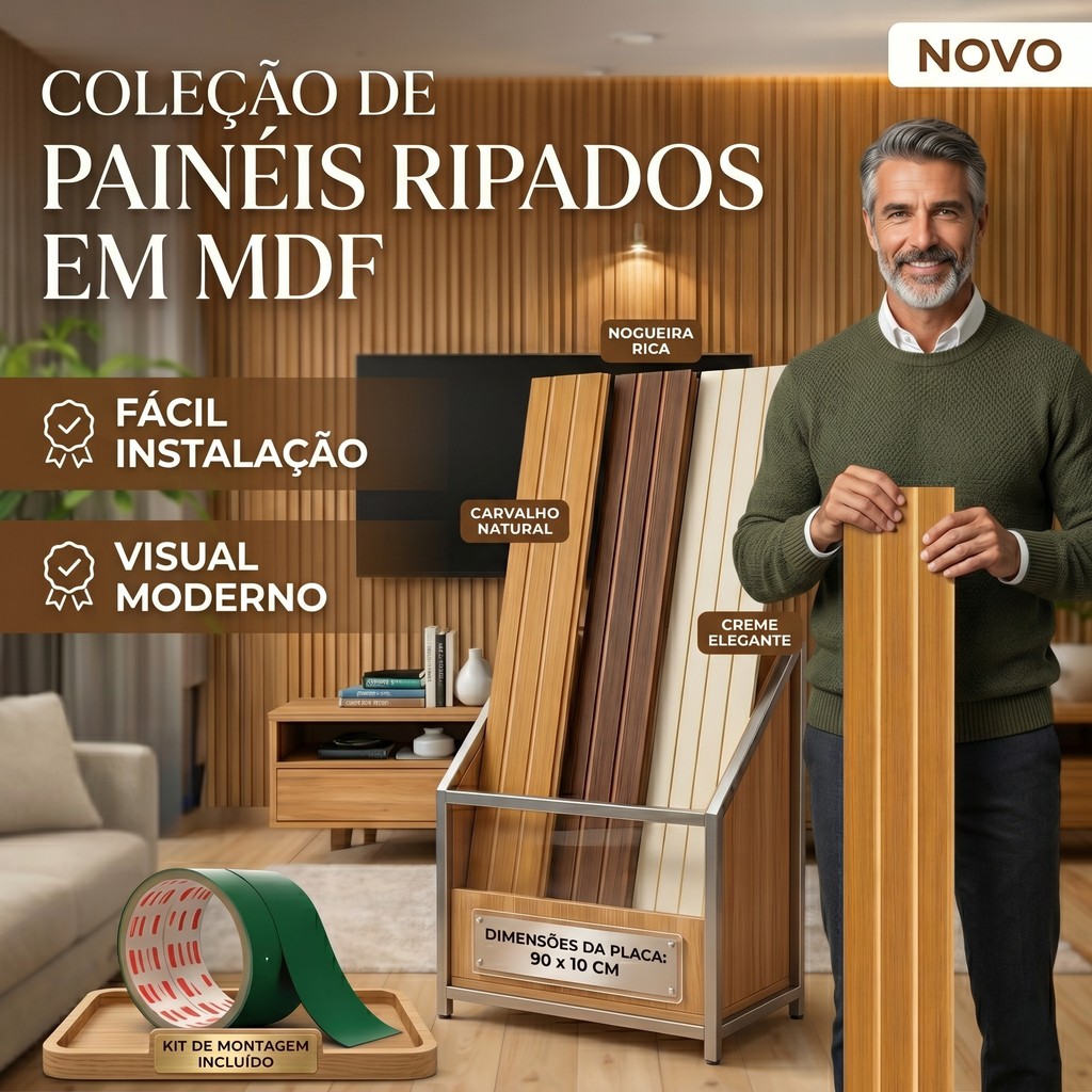 Kit até 40 Ripado Grande 90x10 MDF Painel de Parede Decorativo ...