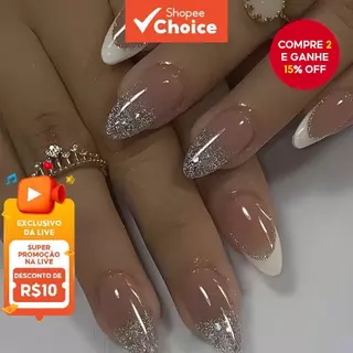 Unhas postiças amêndoa francês, 24 peças minimalistas com brilho sutil e borda branca, ideais para festas. em Oferta na Shopee