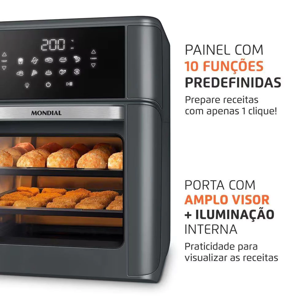 Detalhe da Fritadeira Air Fryer Oven Mondial AFON-12L-FG, destacando o painel digital com 10 funções e a porta com visor.
