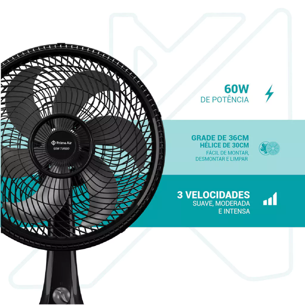 Infográfico do ventilador Prime Air mostrando potência de 60W, 3 velocidades e facilidade de limpeza