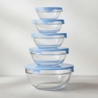 Conjunto 5 Potes Tigelas Vasilhas Bowls Em Vidro Com Tampa Azul