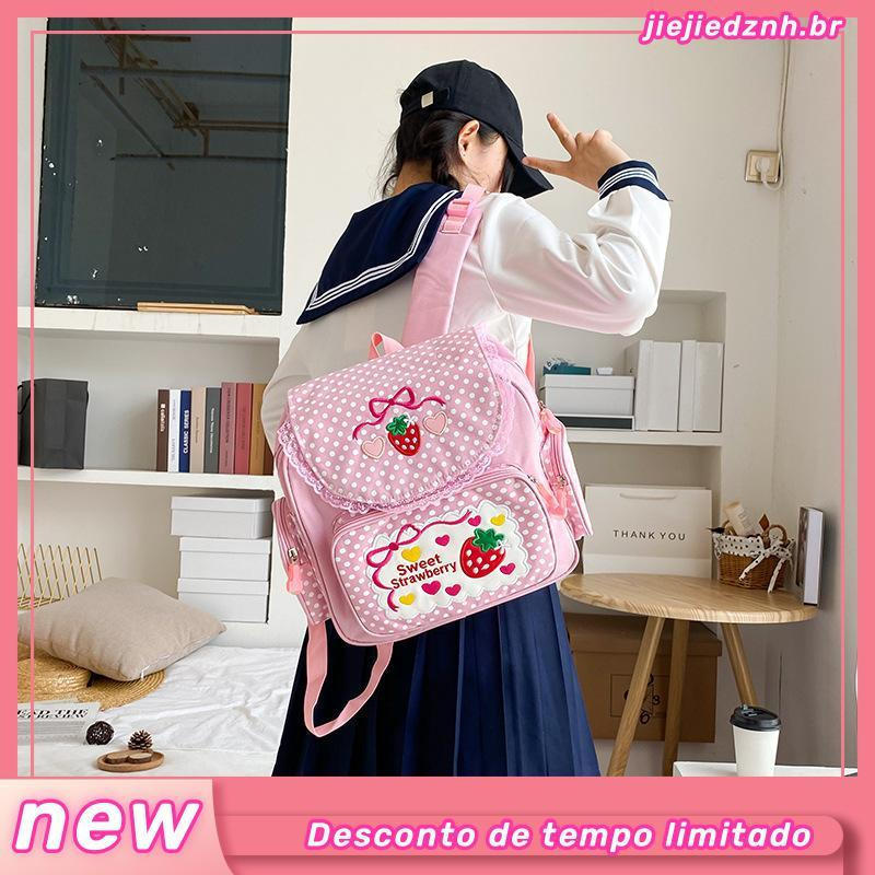 Mochila Kawaii com Bordado de Morango, Mochila para Estudantes, Pontos ...