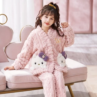 HelloKitty Pijamas para meninas outono inverno Coral velo engrossado flanela crianças meninas grandes roupas de casa par em Oferta na Shopee