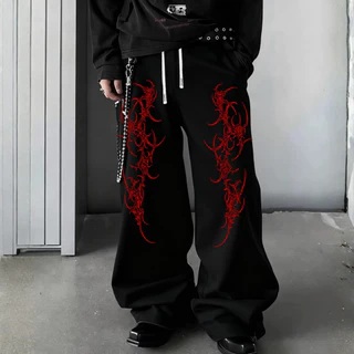 Calça Wide Leg Preta Estampa Tribal Vermelha Grunge Cyberpunk Oversized