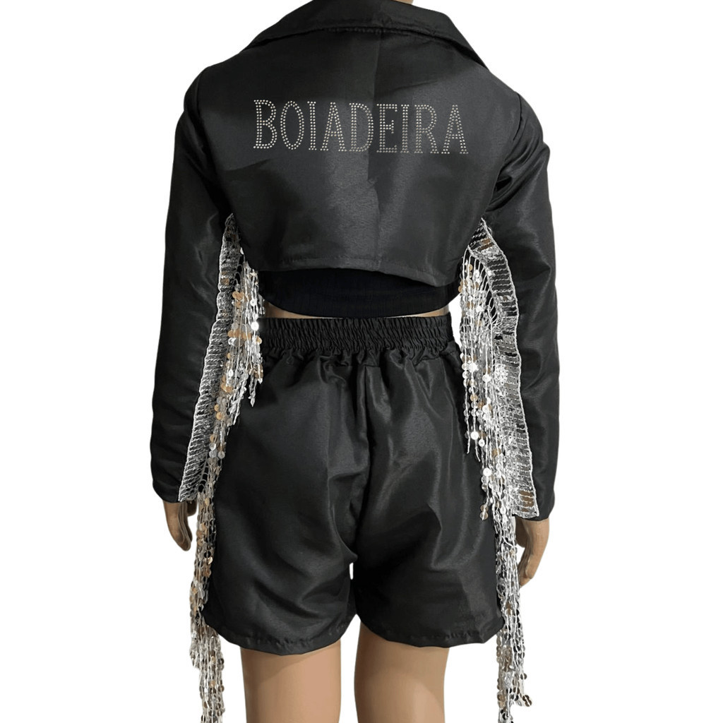 Kit Boiadeira Menina Conjunto Preto Paetê Strass Blazer Shorts Roupa ...