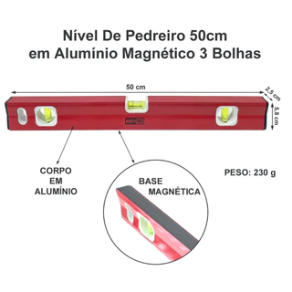 Nível De Pedreiro 50cm Em Alumínio Com Base Magnética 3 Bolhas 50 x 5,8 x 2,5cm 230g