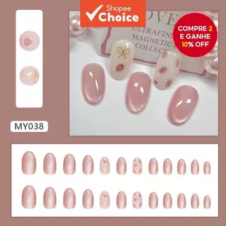 24 unhas postiça com cola jelly, design de olho de gato e morango em cartoon. em Oferta na Shopee