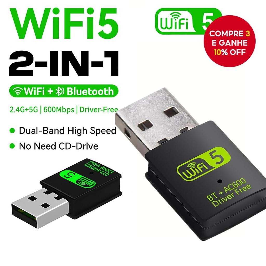  Dongle USB Wifi Bluetooth, Adaptador Wireless AC600 Receptor PC 2.4G/5GHz 600Mbps para Laptop Desktop Windows